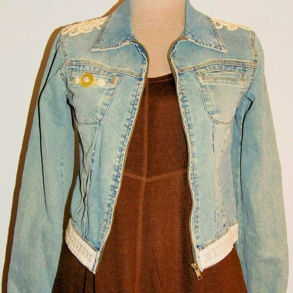 Denim Jean Jacket Upcycled Vintage Distressed Military Style - Picture 4 of 9